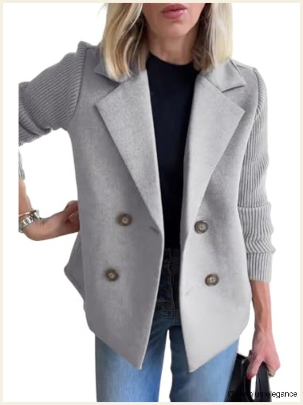 Women's Double Breasted Wool Pea Coat Notched Lapel Ribbed Knit Long Sleeve